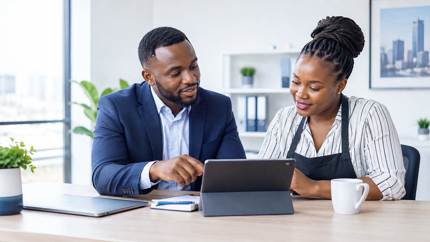 Two professionals reviewing information together at a desk